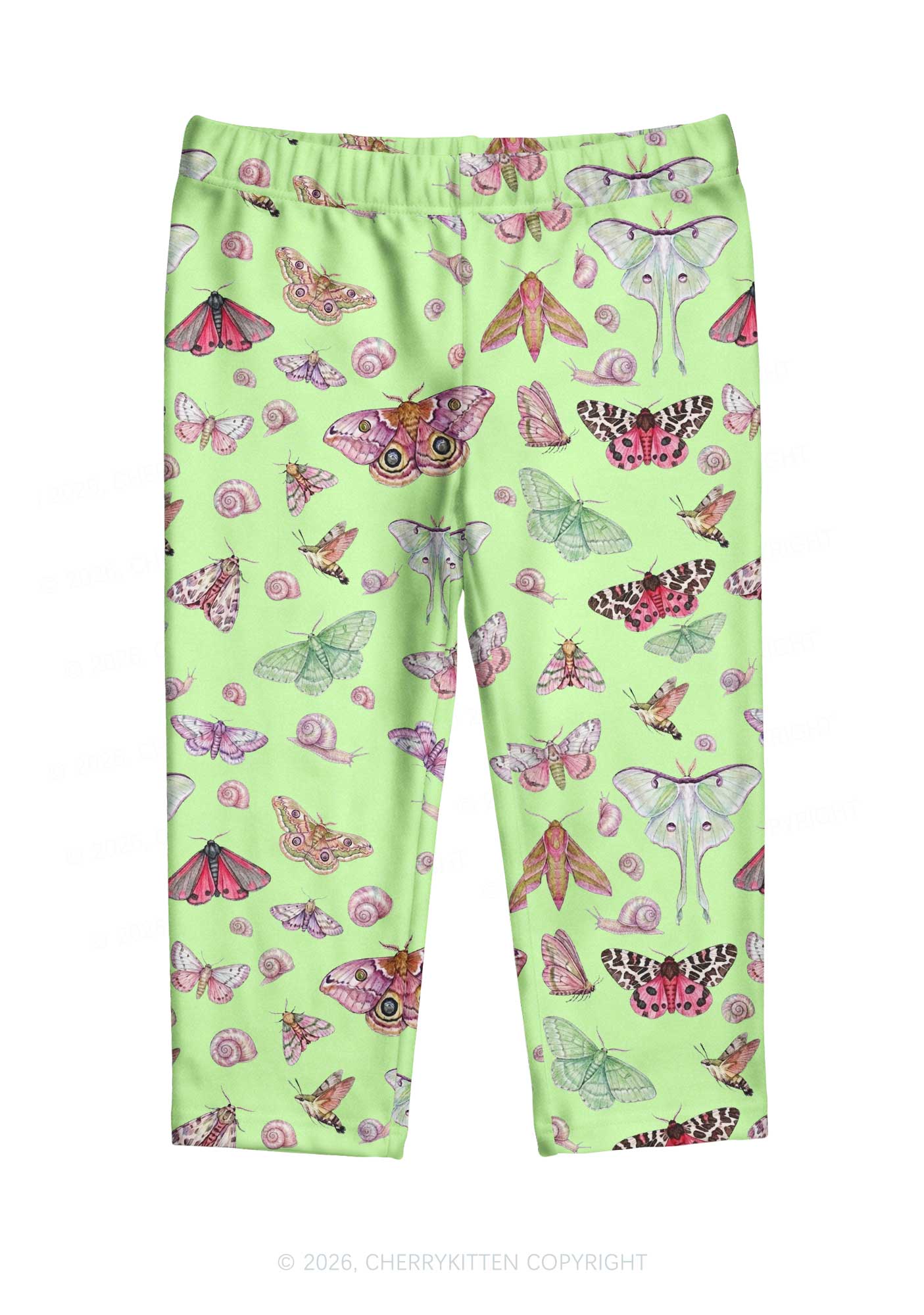Lime Green Moth Snail Y2K Print Capri Pants Cherrykitten