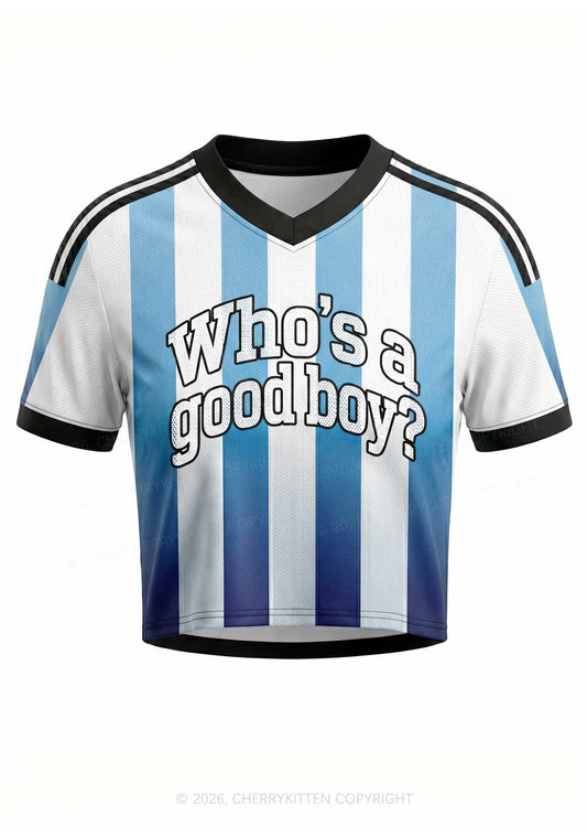 Blue White Stripes Whos A Good Boy Y2K Crop Football Jersey Shirts Cherrykitten