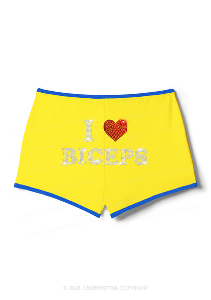 Rhinestone I Love Biceps Y2K Booty Shorts Cherrykitten