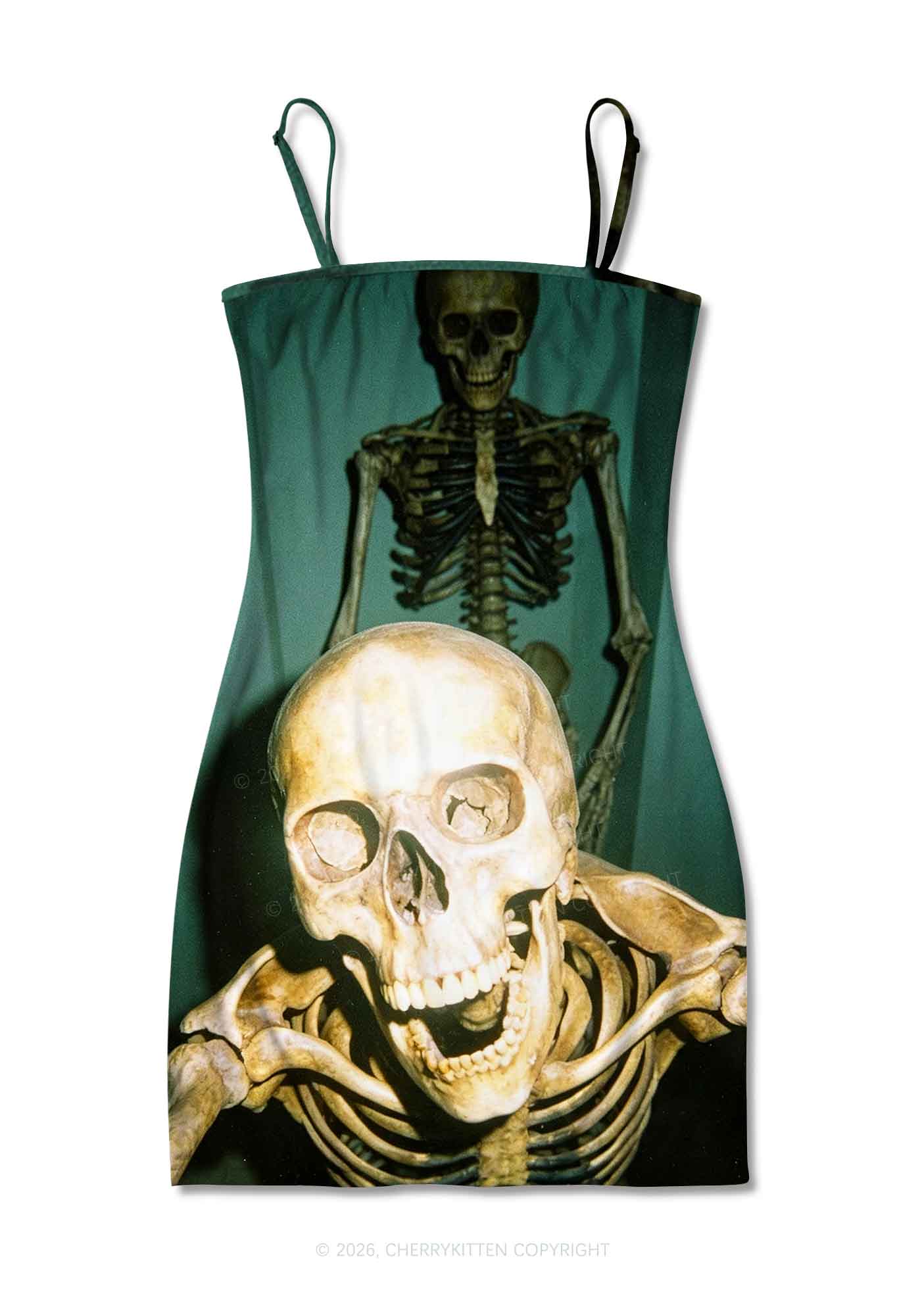 Halloween Double Skeleton Selfie Y2K Print Slip Dress Cherrykitten