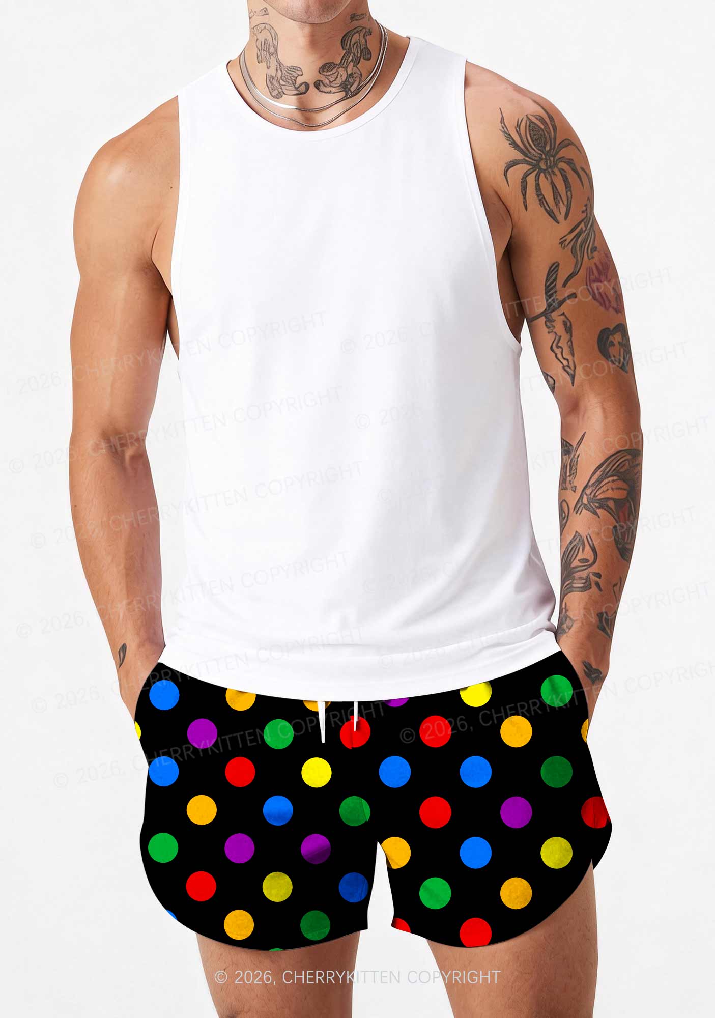Rainbow Dots On Black Pride Y2K Print Men Beach Shorts Cherrykitten