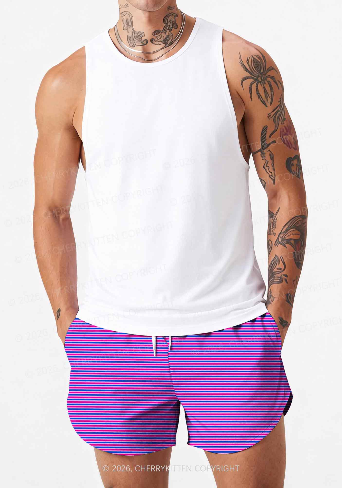 Bisexual Stripes Pride Y2K Print Men Beach Shorts Cherrykitten