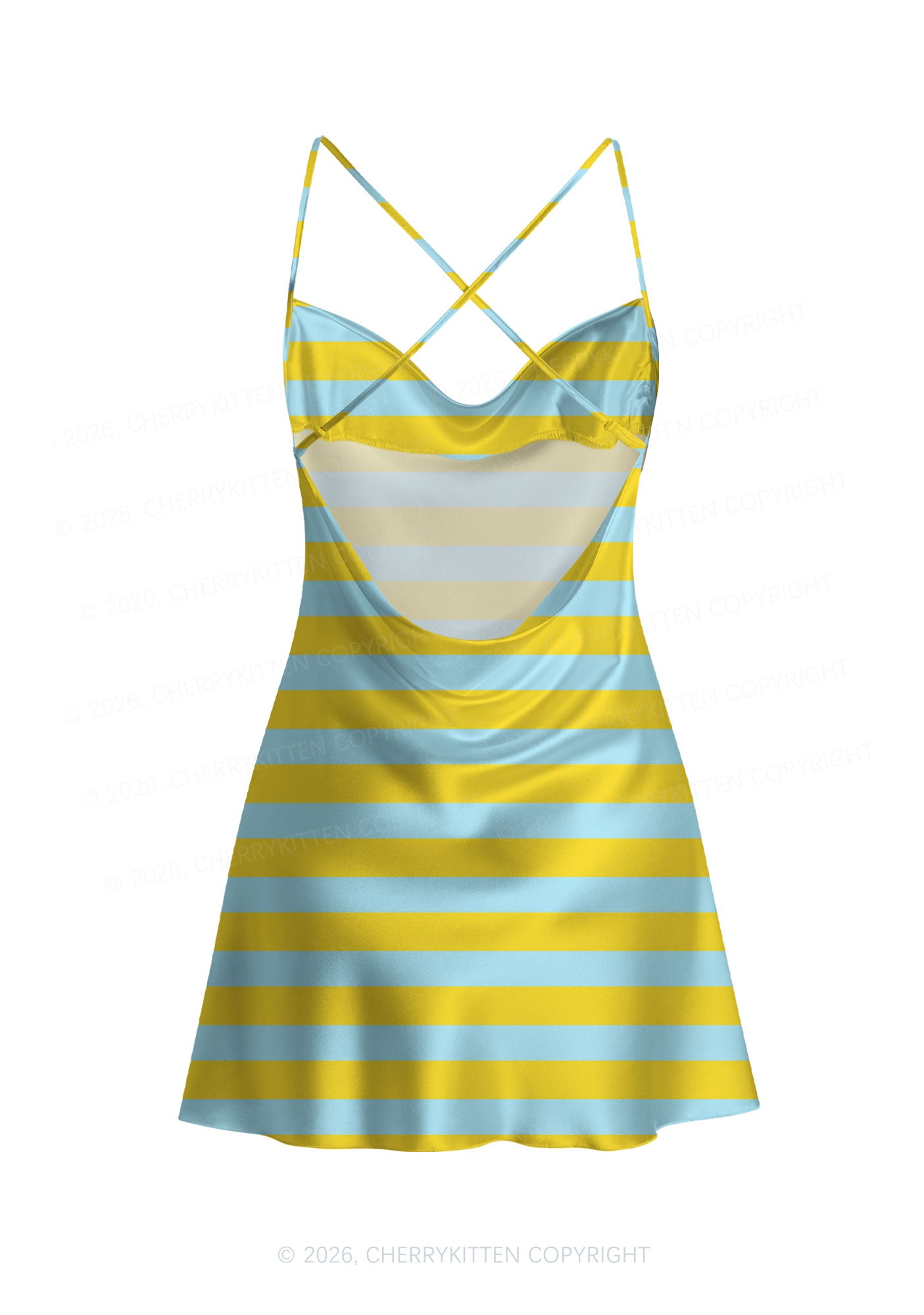 Blue And Yellow Stripes Y2K Print Satin Cowl Neck Slip Dress Cherrykitten