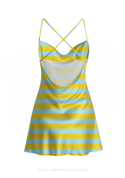 Blue And Yellow Stripes Y2K Print Satin Cowl Neck Slip Dress Cherrykitten