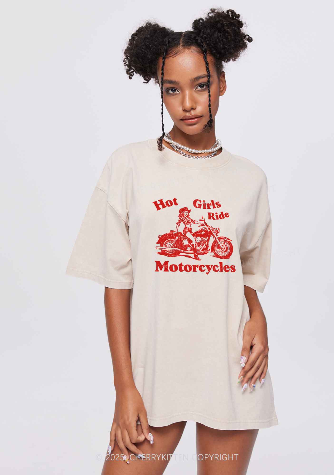Hot Girls Ride Motorcycles Y2K Shirts Washed Tee Cherrykitten