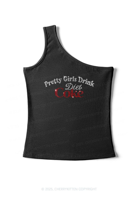 Rhinestone Pretty Girls Drink Diet Coke Y2K One Shoulder Tank Top Cherrykitten