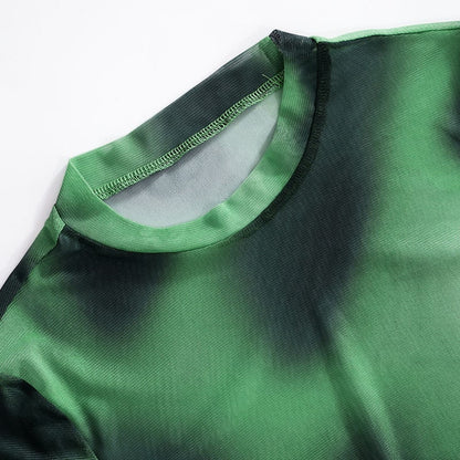Green Printed Gradient Mesh Long Sleeve Top Cherrykitten