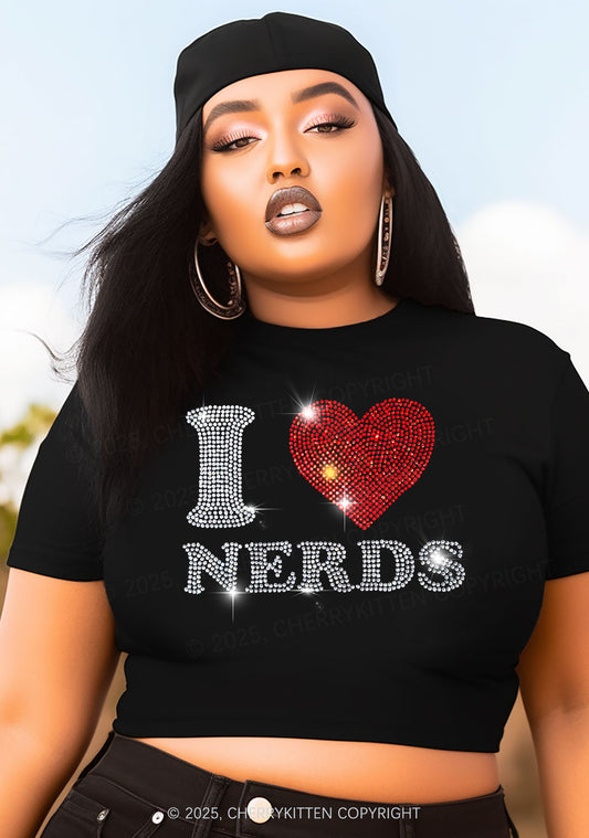 Curvy Rhinestone I Love Nerds Y2K Baby Tee Cherrykitten
