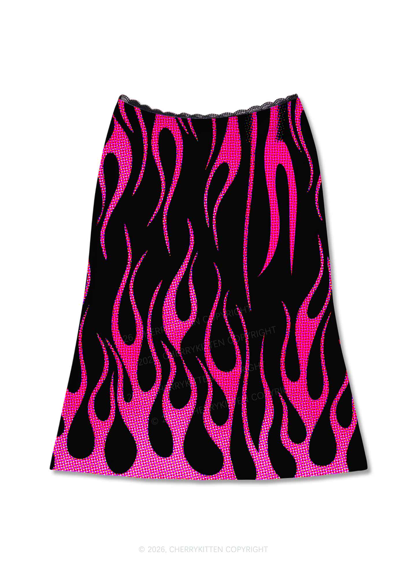 Hot Pink Flame Y2K Print Midi Skirt Cherrykitten