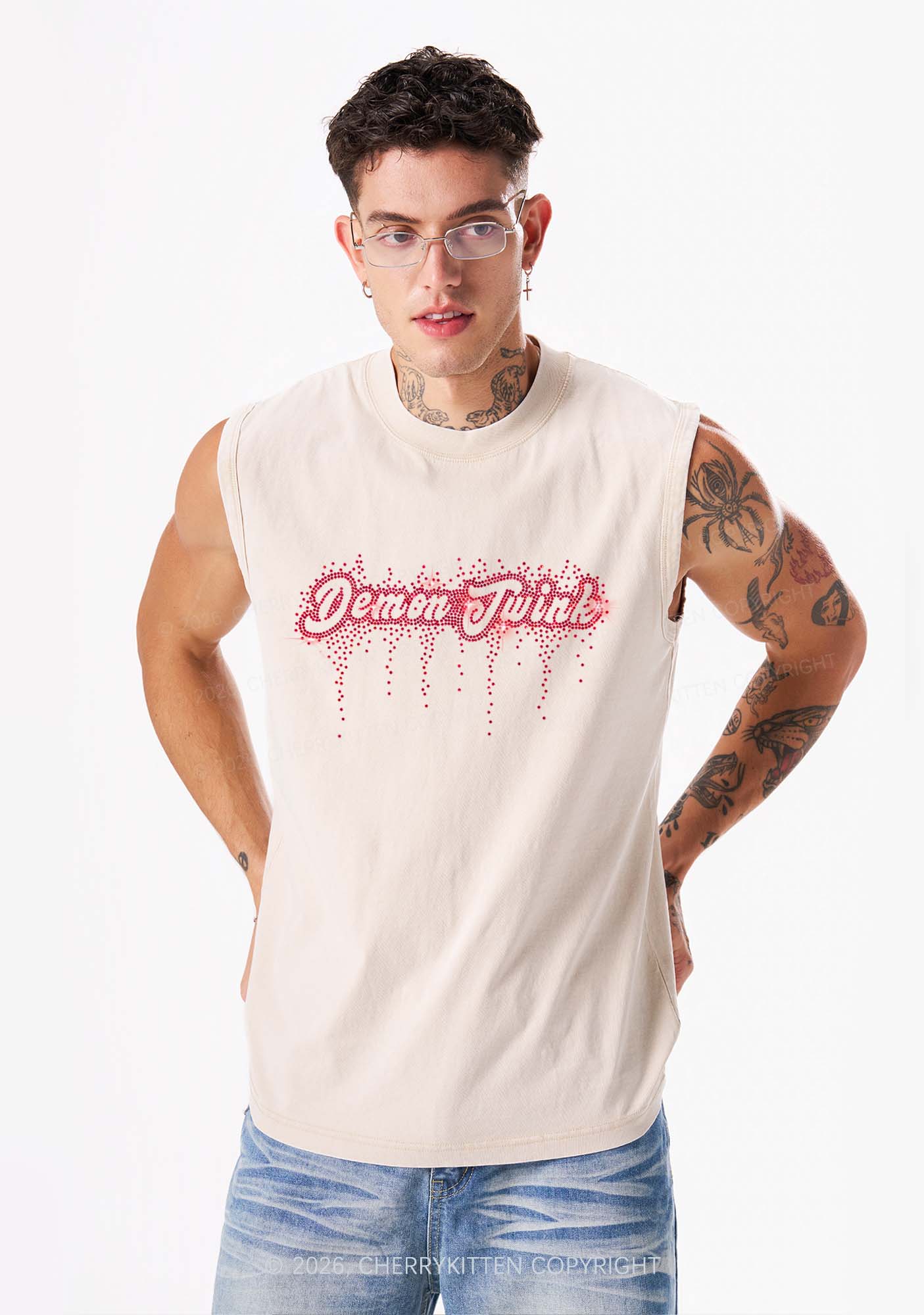 Rhinestone Demon Twink Pride Y2K Washed Muscle Tank Cherrykitten