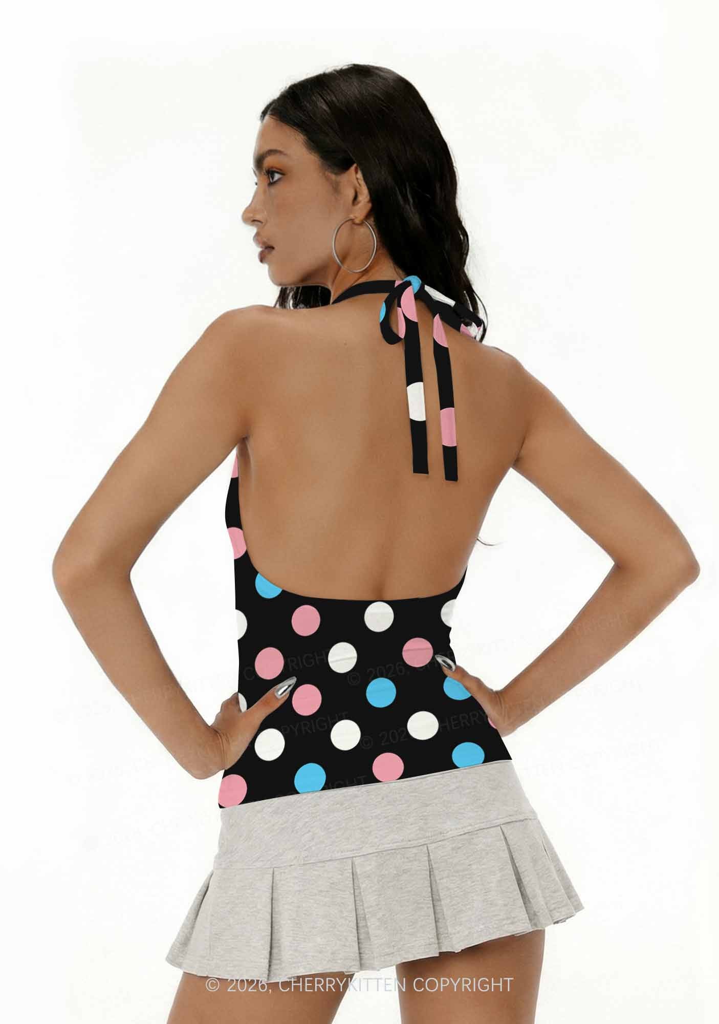 Trans Dots On Black Pride Y2K Print Halter Deep V Neck Cami Cherrykitten