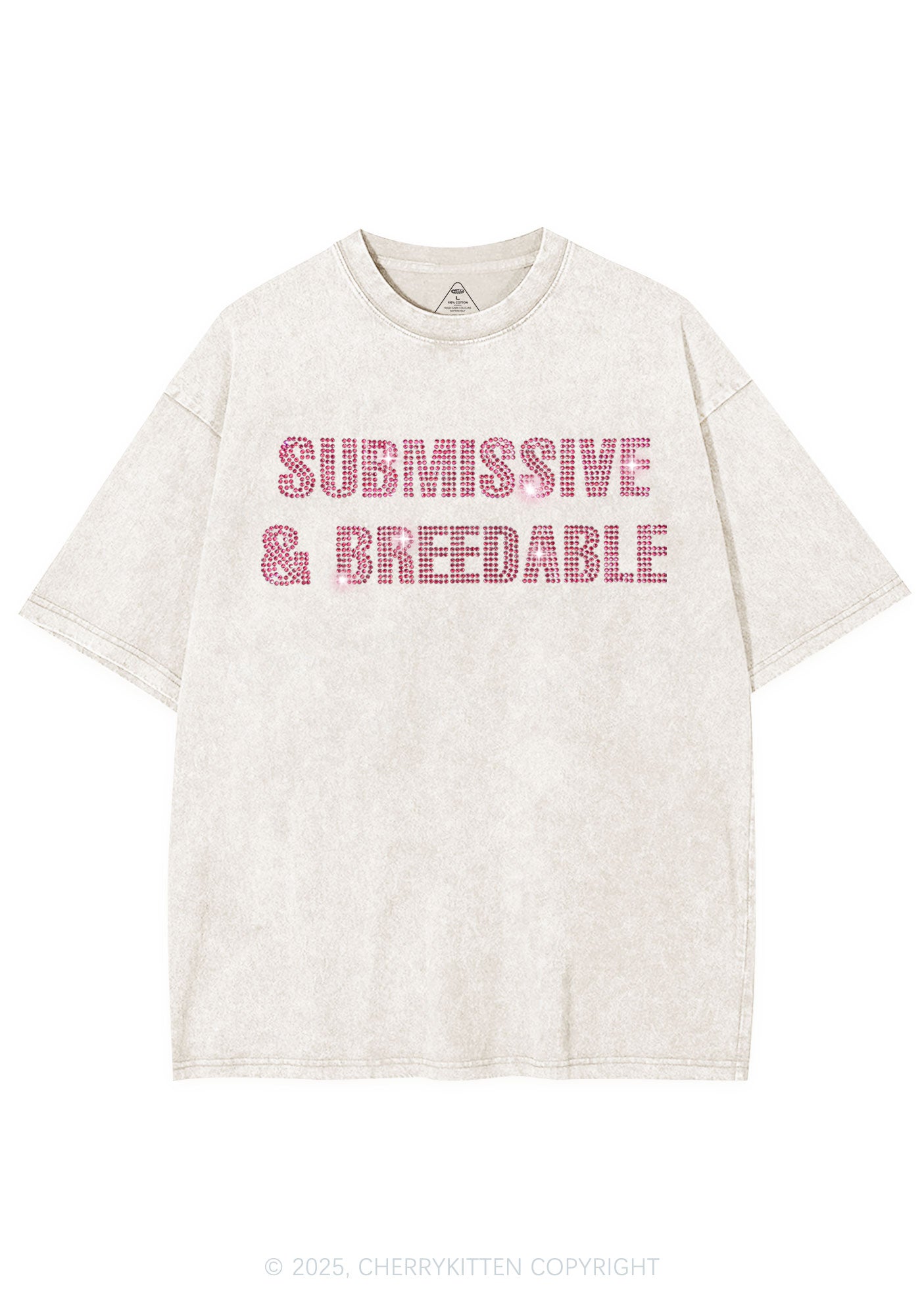 Rhinestone Submissive And Breedable Y2K Shirts Washed Tee Cherrykitten