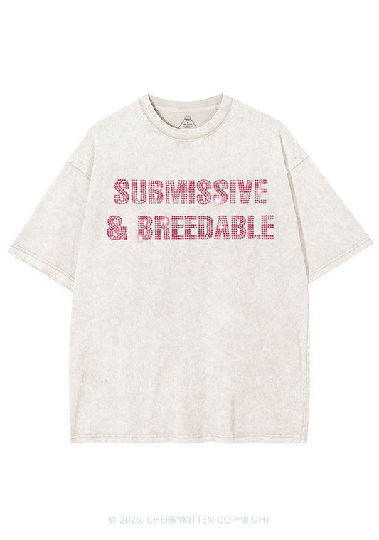 Rhinestone Submissive And Breedable Y2K Shirts Washed Tee Cherrykitten
