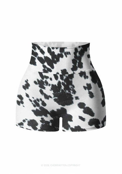 Black And White Cow Dots Y2K Print Gym Shorts Cherrykitten
