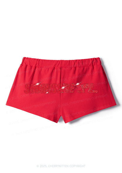 Rhinestone Submissive Man Y2K Drawstring Mini Shorts Cherrykitten