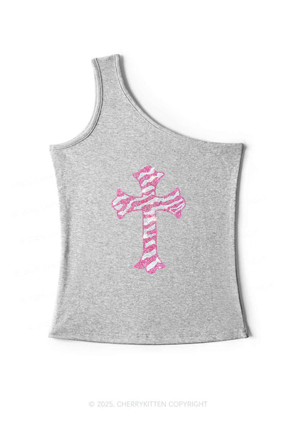 Rhinestone Pink Cross Y2K One Shoulder Tank Top Cherrykitten