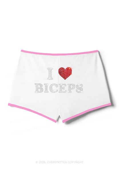 Rhinestone I Love Biceps Y2K Booty Shorts Cherrykitten