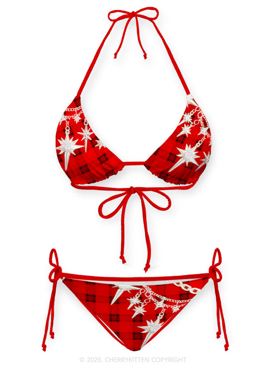 Red Plaid Silver Star Chain Y2K Print Bikini Set Cherrykitten