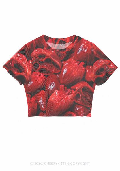 Halloween Red Blood Hearts Y2K Mesh Crop Top Cherrykitten