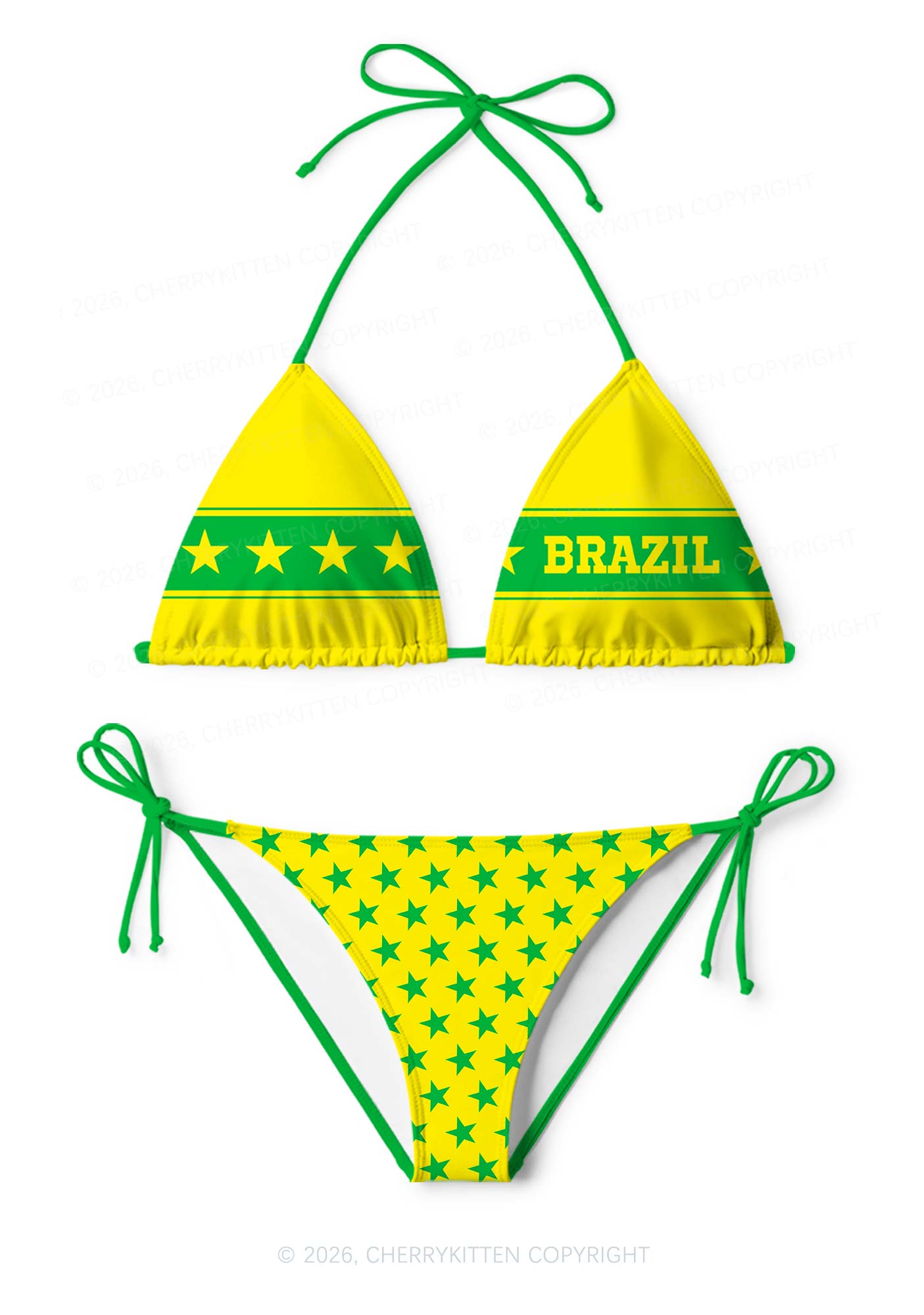 Yellow Green Stripe Star Y2K Print Bikini Set Cherrykitten