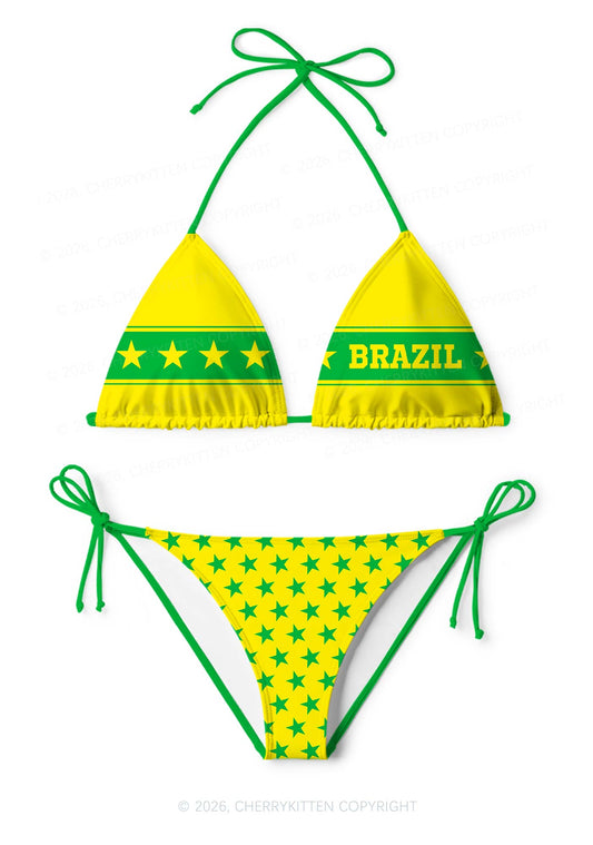 Yellow Green Stripe Star Y2K Print Bikini Set Cherrykitten