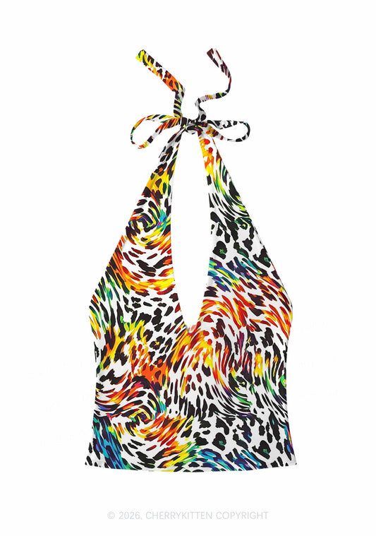 Rainbow Leopard Pride Y2K Print Halter Deep V Neck Cami Cherrykitten