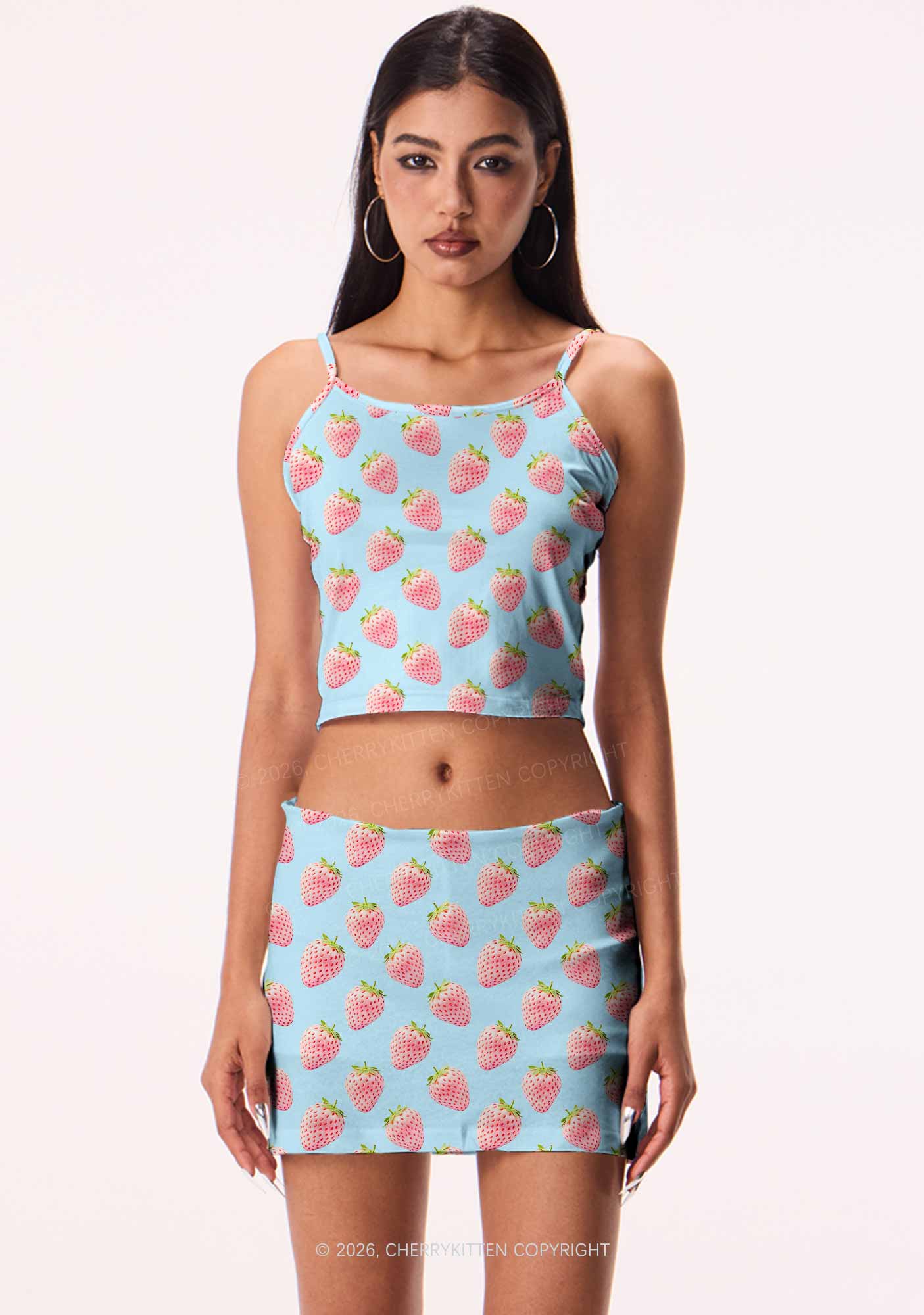 Pastel Pink Strawberry Y2K Print Mini Skirt Cherrykitten