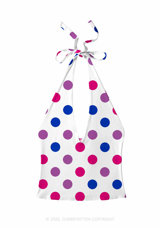 Bisexual Dots On White Pride Y2K Print Halter Deep V Neck Cami Cherrykitten