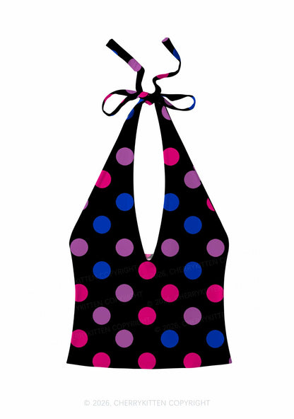 Bisexual Dots On Black Pride Y2K Print Halter Deep V Neck Cami Cherrykitten