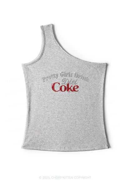 Rhinestone Pretty Girls Drink Diet Coke Y2K One Shoulder Tank Top Cherrykitten