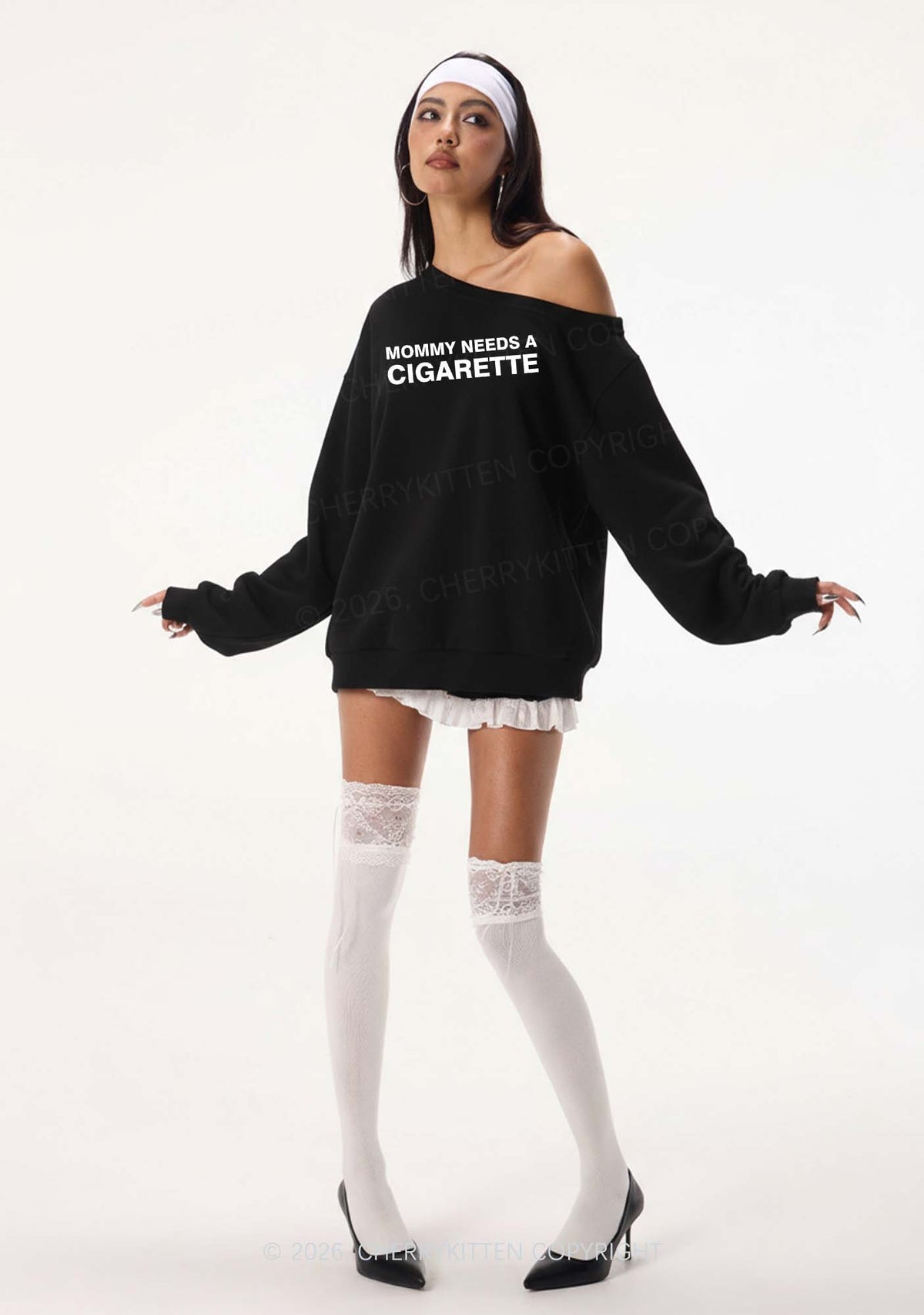 Mommy Needs A Cigarette Y2K Off Shoulder Sweatshirts Cherrykitten