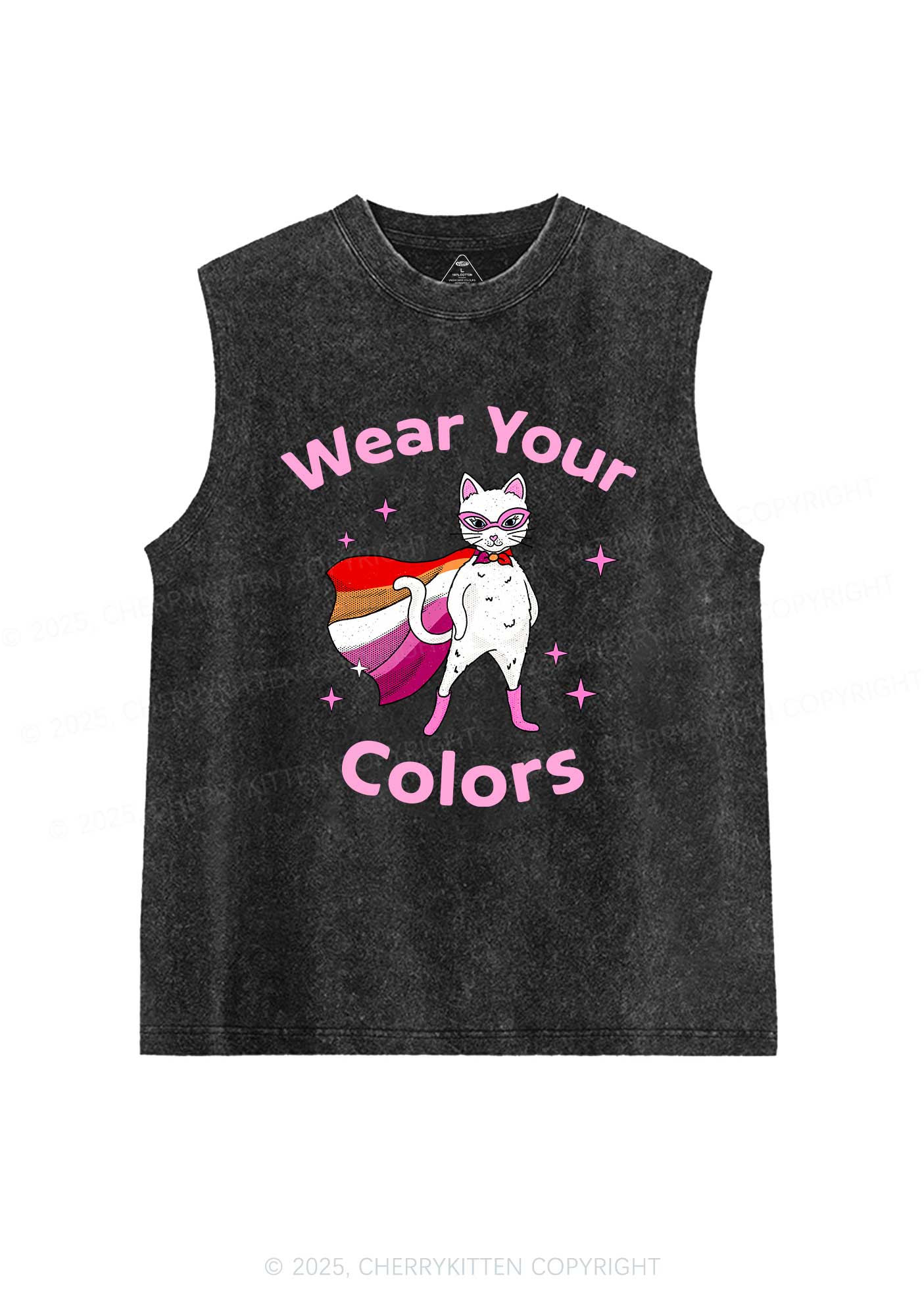 Lesbian Flag Cat Pride Y2K Washed Muscle Tank Cherrykitten