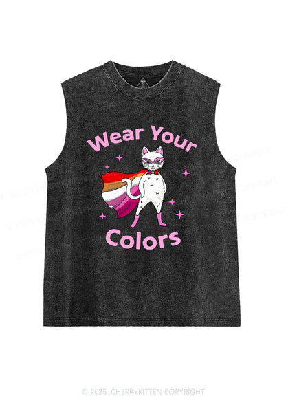 Lesbian Flag Cat Pride Y2K Washed Muscle Tank Cherrykitten