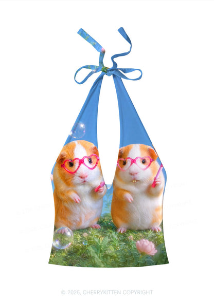 Two Smoking Guinea Pigs Y2K Print Halter Deep V Neck Cami Cherrykitten