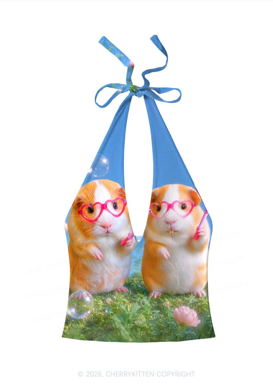 Two Smoking Guinea Pigs Y2K Print Halter Deep V Neck Cami Cherrykitten