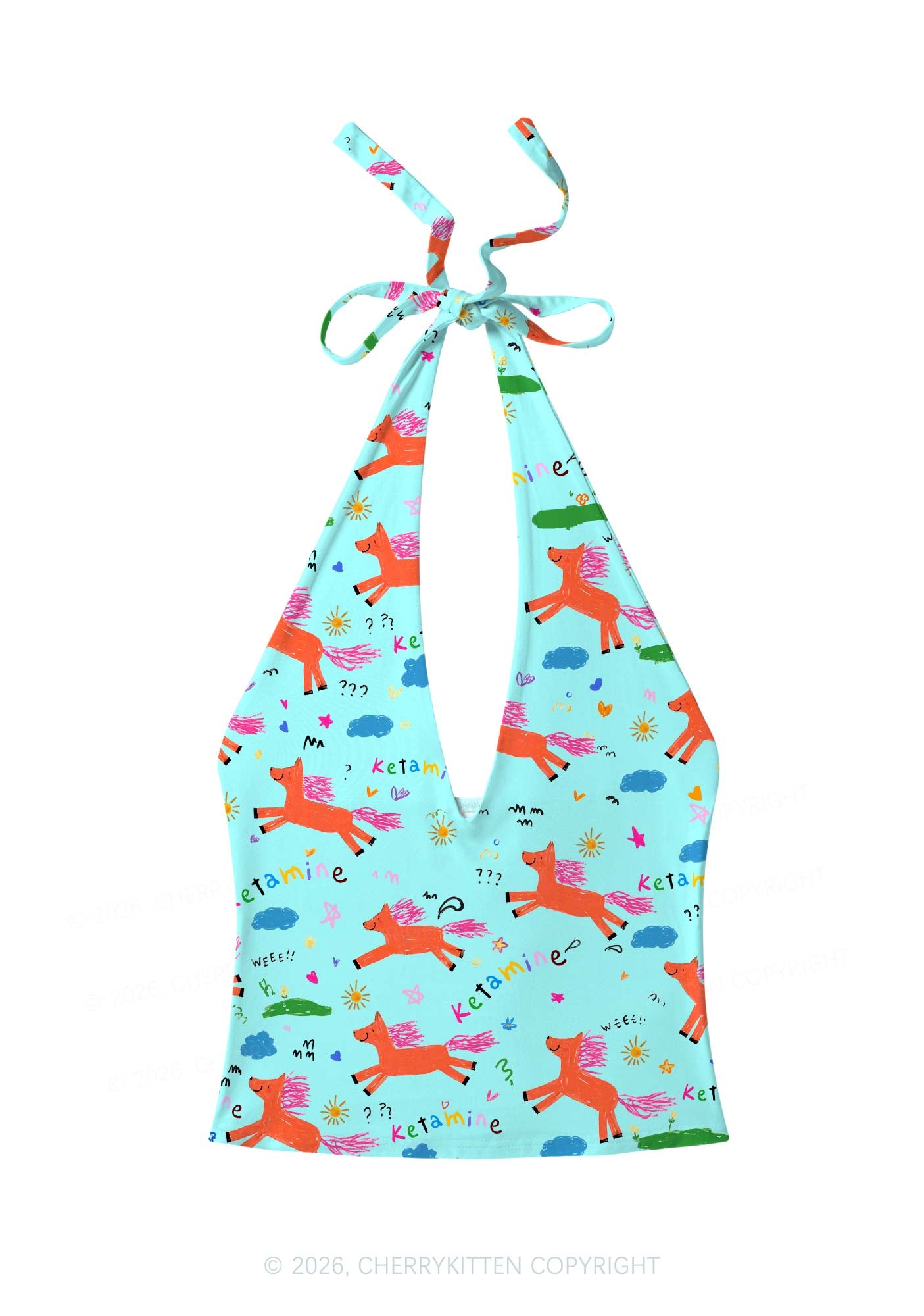 Orange Pony On Mint Green Y2K Print Halter Deep V Neck Cami Cherrykitten