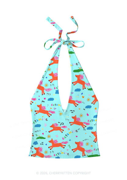 Orange Pony On Mint Green Y2K Print Halter Deep V Neck Cami Cherrykitten