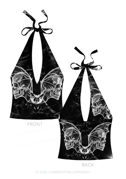 Halloween Bat Skeleton Wings Y2K Print Halter Deep V Neck Cami Cherrykitten
