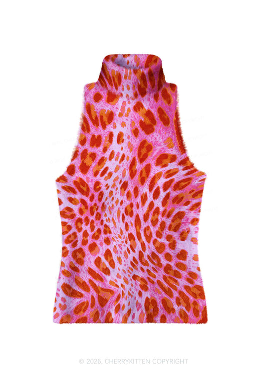 Pink And Orange Leopard Y2K Knit Turtleneck Tank Top Cherrykitten