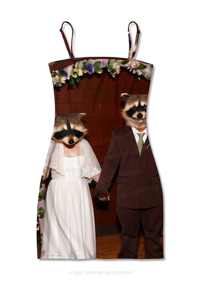 Raccoon Bride Groom Valentine's Day Y2K Print Slip Dress Cherrykitten