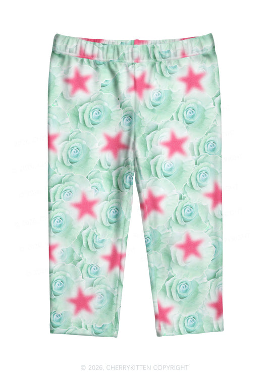 Mint Green Rose Pink Star Y2K Print Capri Pants Cherrykitten
