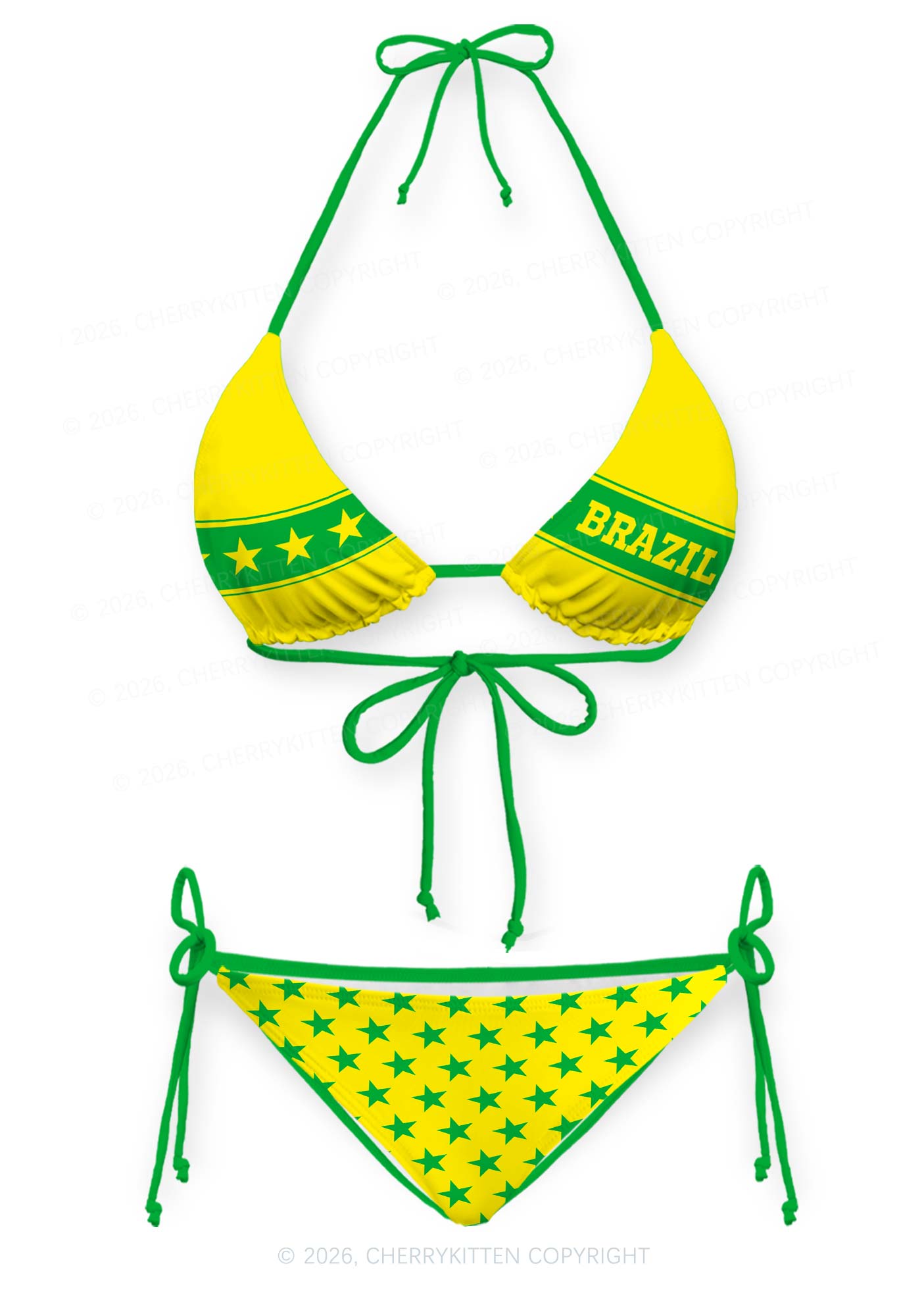 Yellow Green Stripe Star Y2K Print Bikini Set Cherrykitten