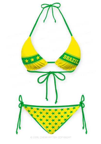 Yellow Green Stripe Star Y2K Print Bikini Set Cherrykitten