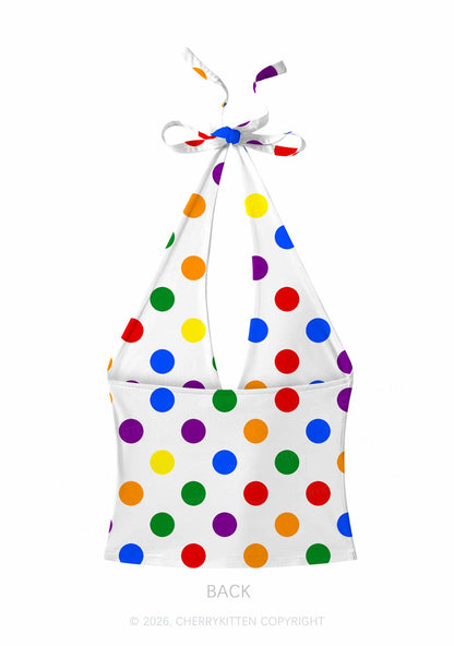 Rainbow Dots On White Pride Y2K Print Halter Deep V Neck Cami Cherrykitten