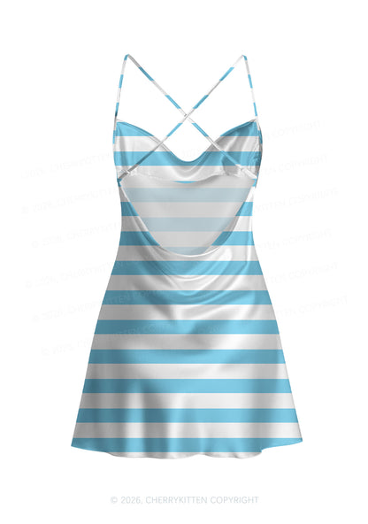 Blue And White Stripes Y2K Print Satin Cowl Neck Slip Dress Cherrykitten