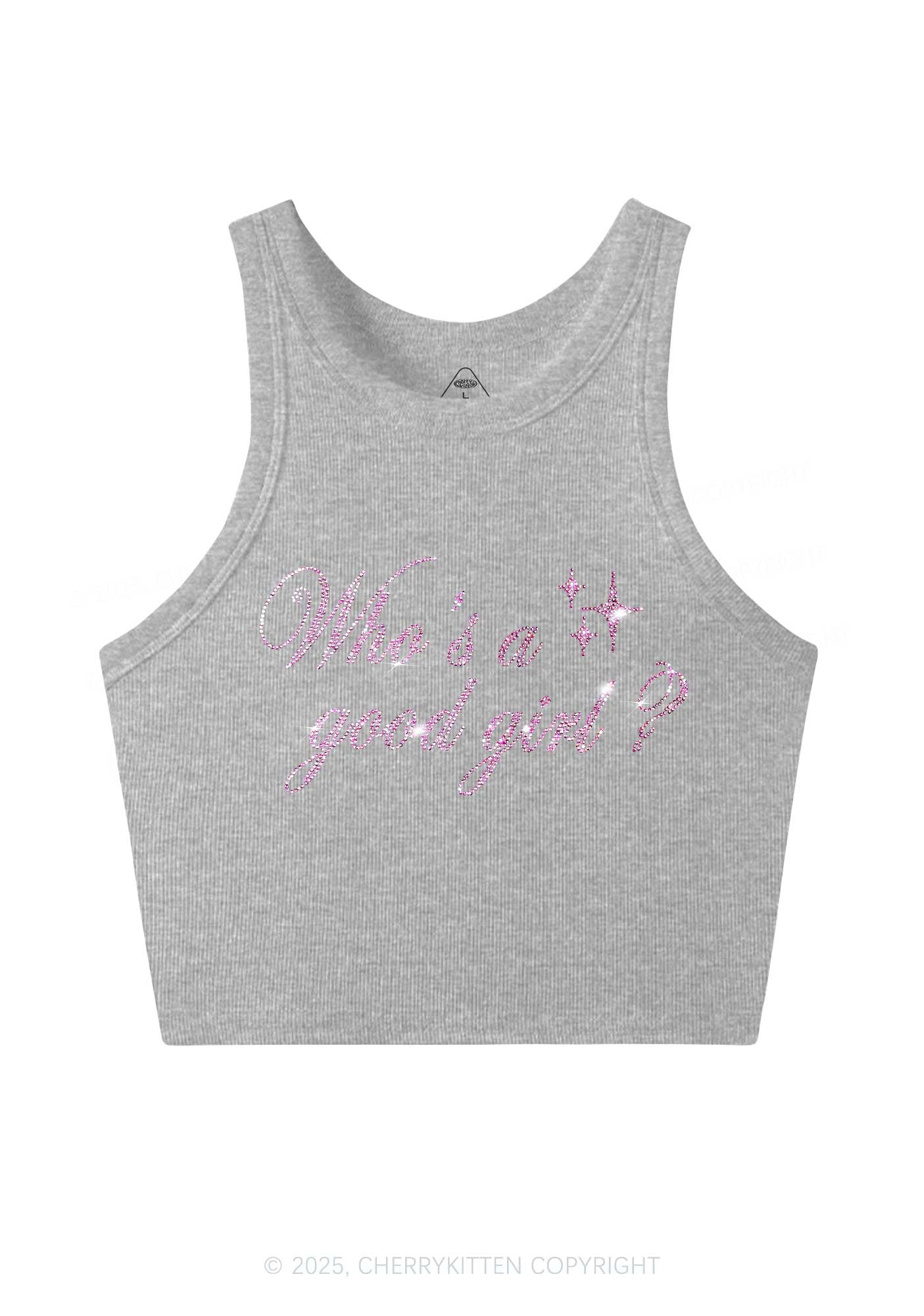Rhinestone Whos A Good Girl Y2K Crop Tank Top Cherrykitten