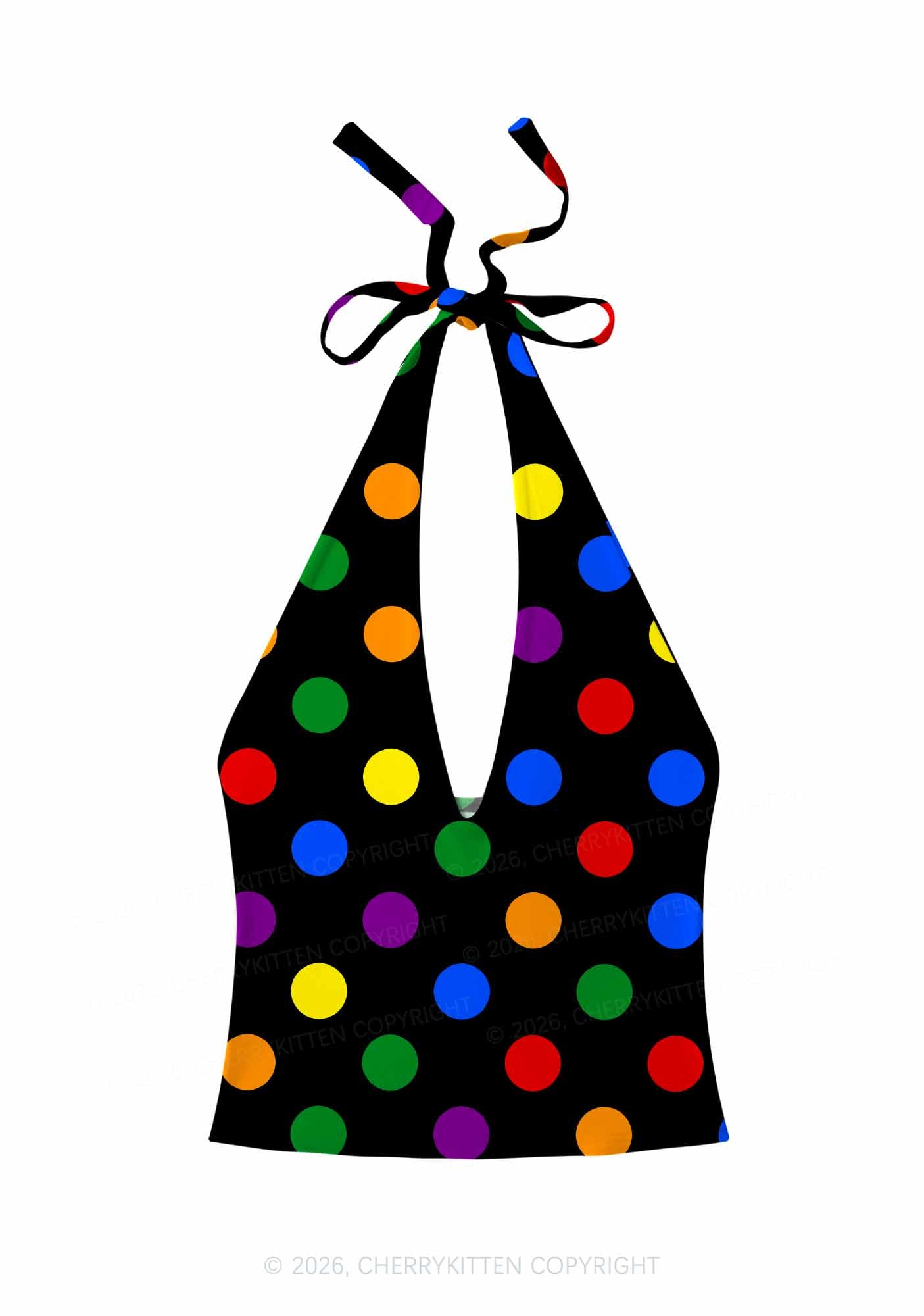 Rainbow Dots On Black Pride Y2K Print Halter Deep V Neck Cami Cherrykitten
