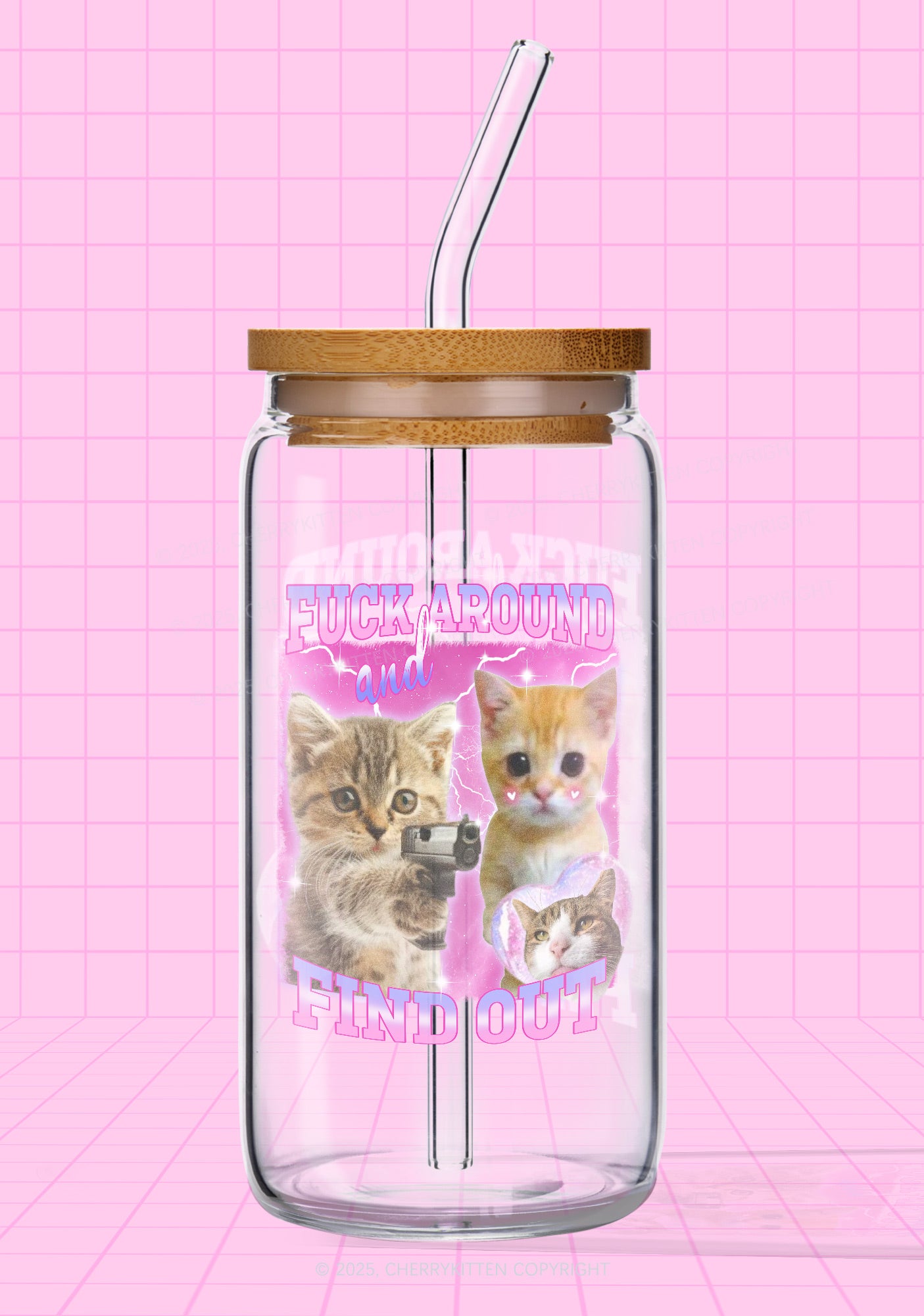 Fxxk Around Cats Y2K Printed Glass Cup Cherrykitten