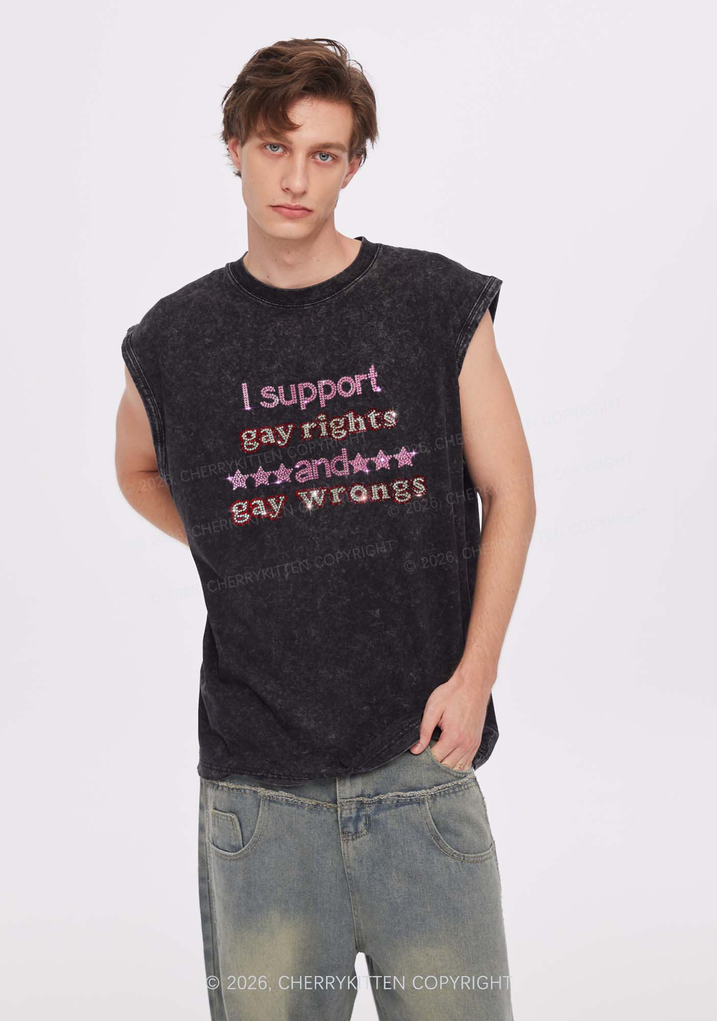 Rhinestone I Support Gay Rights Y2K Washed Muscle Tank Cherrykitten