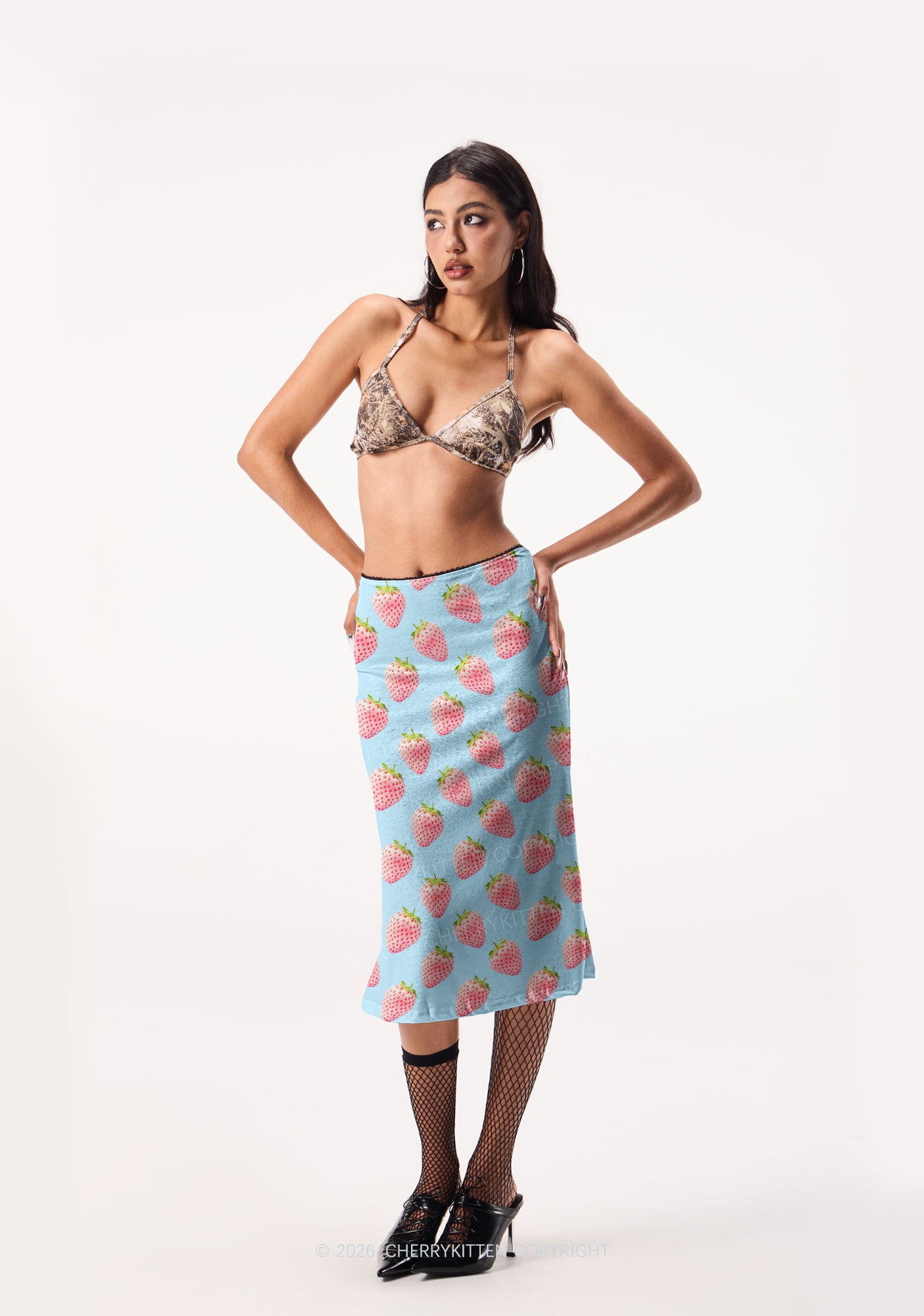 Pastel Pink Strawberry Y2K Print Midi Skirt Cherrykitten